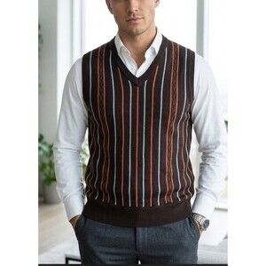 VTG Interview Honesty Mens Sweater Vest Brown Stripe Grandpa Core 70s S - Slim M